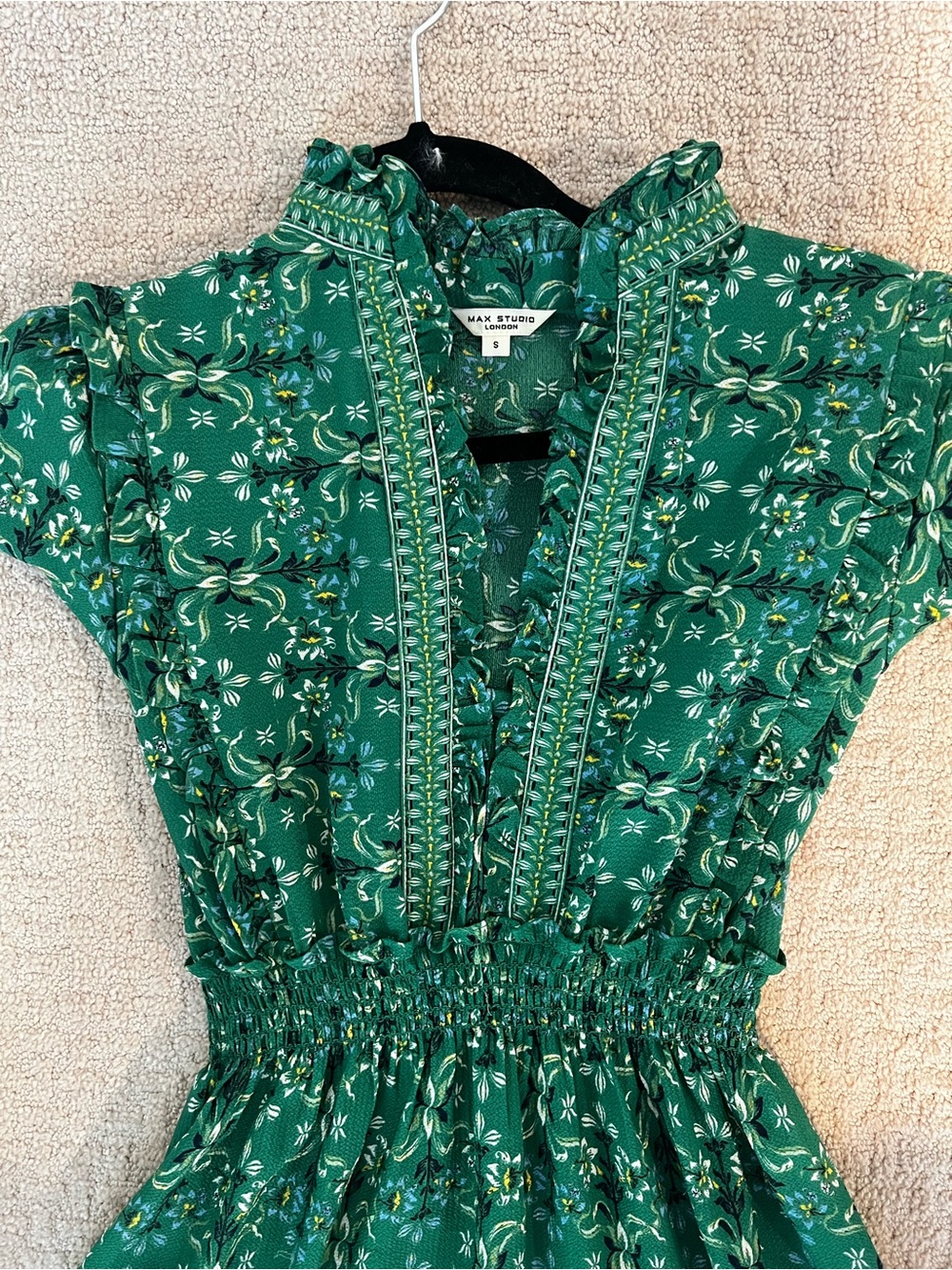 Max Studio Emerald Floral V-Neck Ruffle Dress